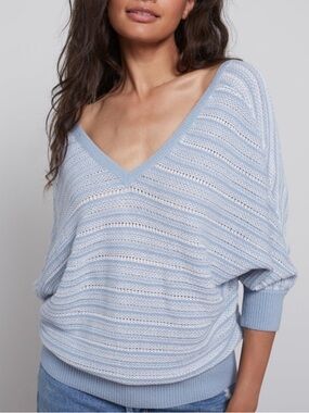 YaYa Oversized Light Blue Striped V-Neck Sweater